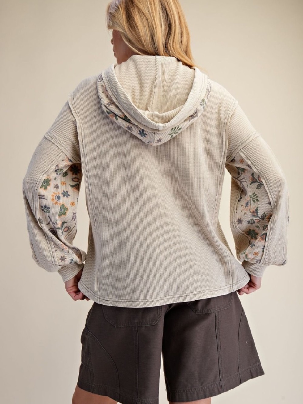 New Easel Mineral Wash Patchwork Hoodie Star Floral Tan Pullover Plus Size - Picture 7 of 8
